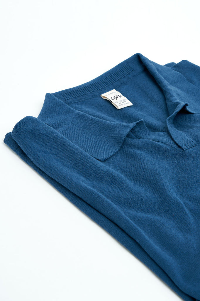 GRP Knitwear Open-Collar-Polo BL 10 Cotton/Linen Blue