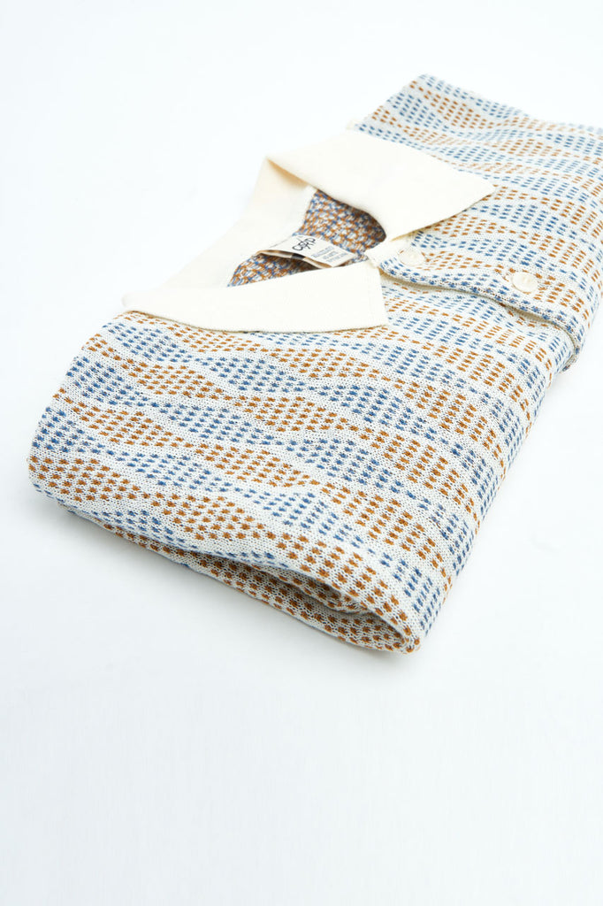 GRP Knitwear 3-Button-Polo Rombo Knit Ecru/Orange/Indigo