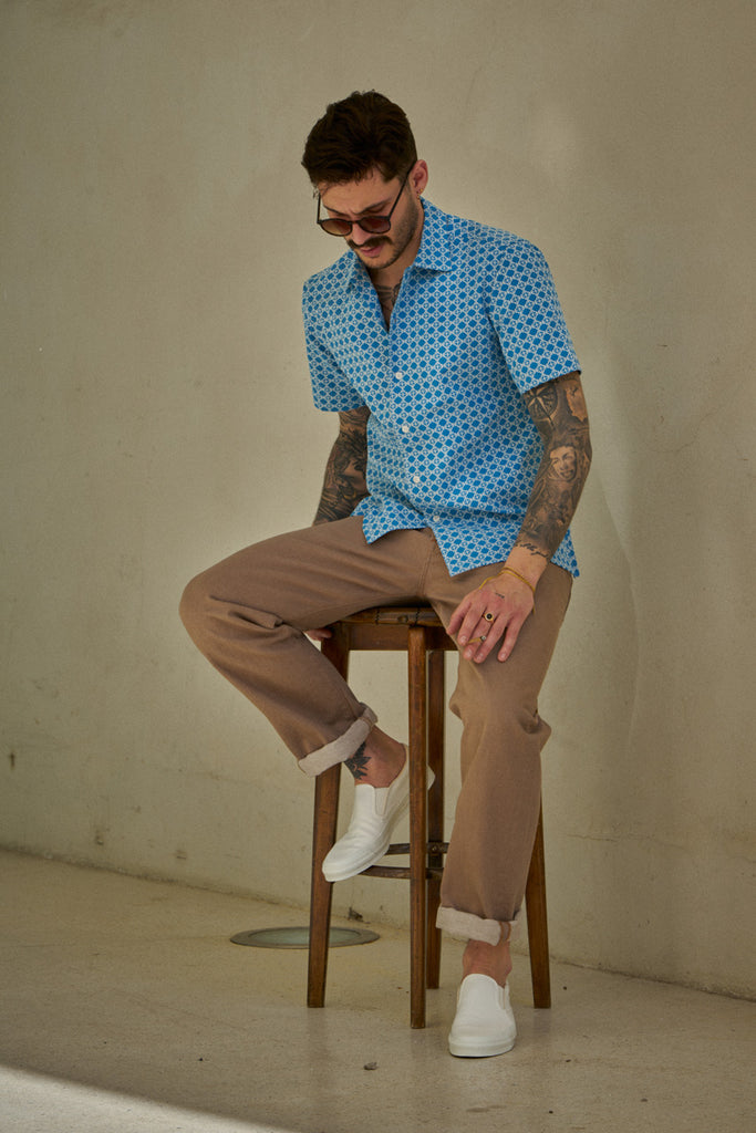 Salvatore Piccolo Short Sleeve Shirt Justin Jacquard Light Blue