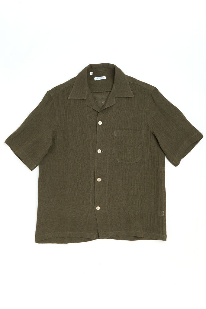 Salvatore Piccoloプルオーバーシャツ Mオリーブ コットンリネン Salvatore Piccolo Short Sleeve Shirt Vietnam Textured Muslin