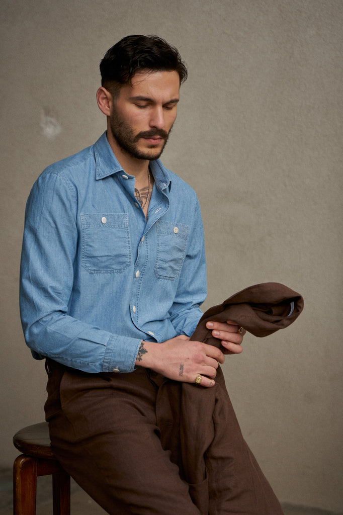Salvatore Piccolo Workshirt Steve Chambray Stone Washed