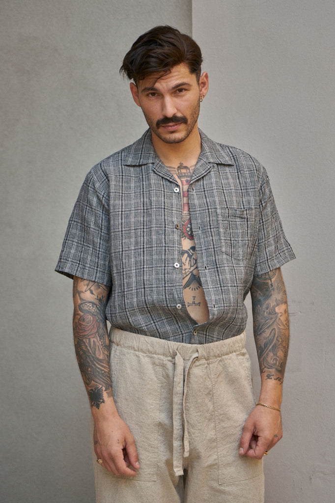 Seuvas Open Collar Shirt Linen Check Grey | SUNSETSTAR