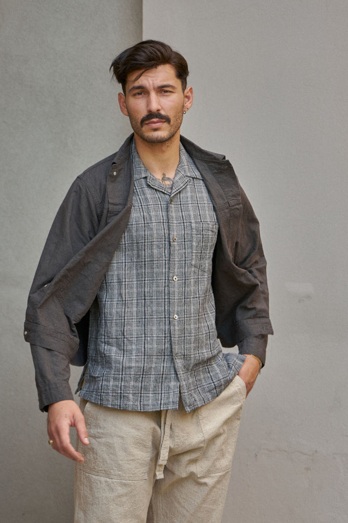 Seuvas Open Collar Shirt Linen Check Grey | SUNSETSTAR
