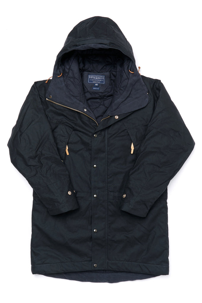 Manifattura Ceccarelli Waxed Long Mountain Jacket Wool Padded Cotton Cupro in Black