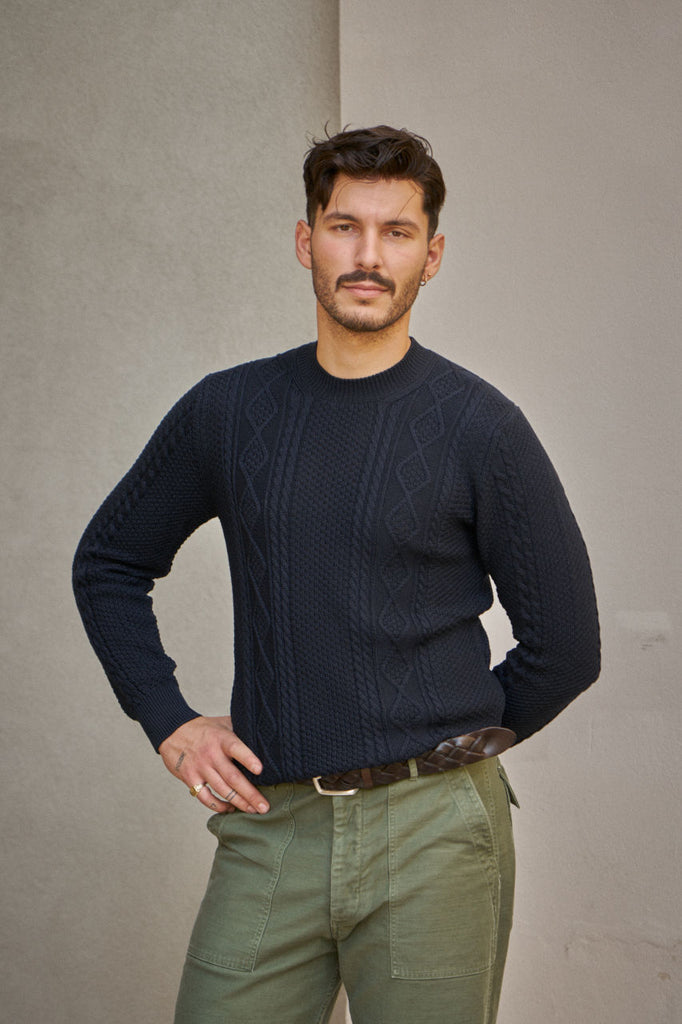 Fabrizio Del Carlo Crew Neck Merino Cable Knit Navy