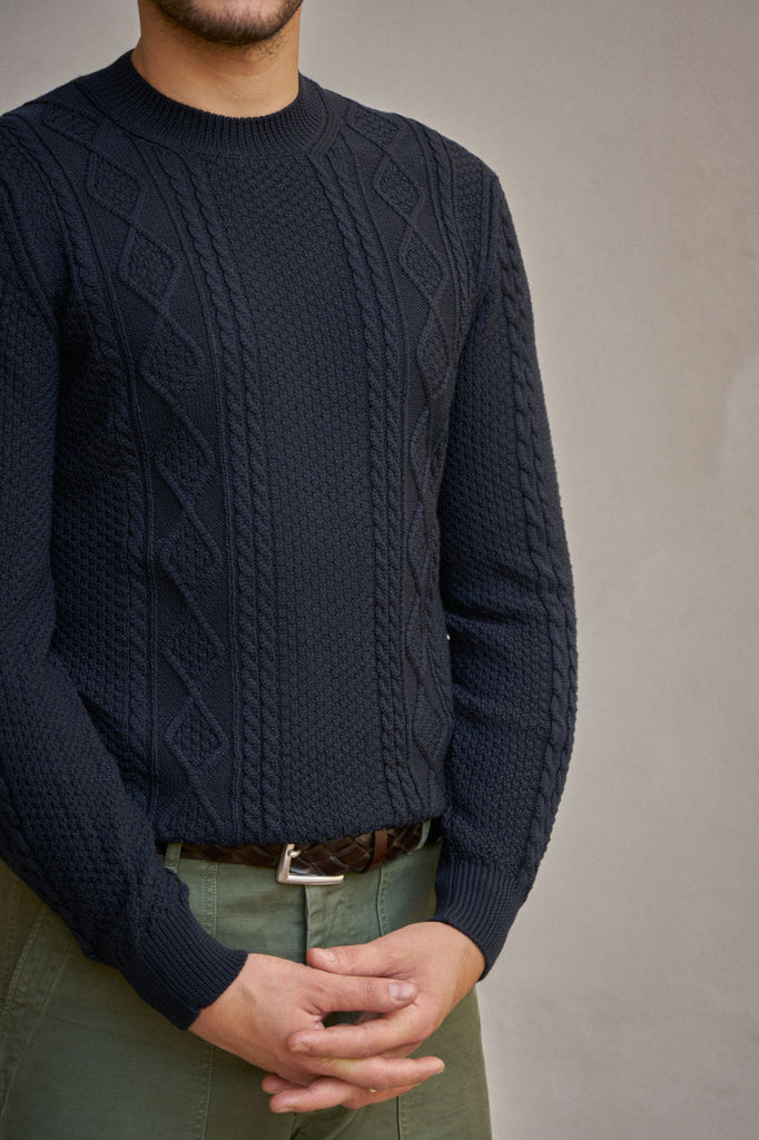 Fabrizio Del Carlo Crew Neck Merino Cable Knit Navy