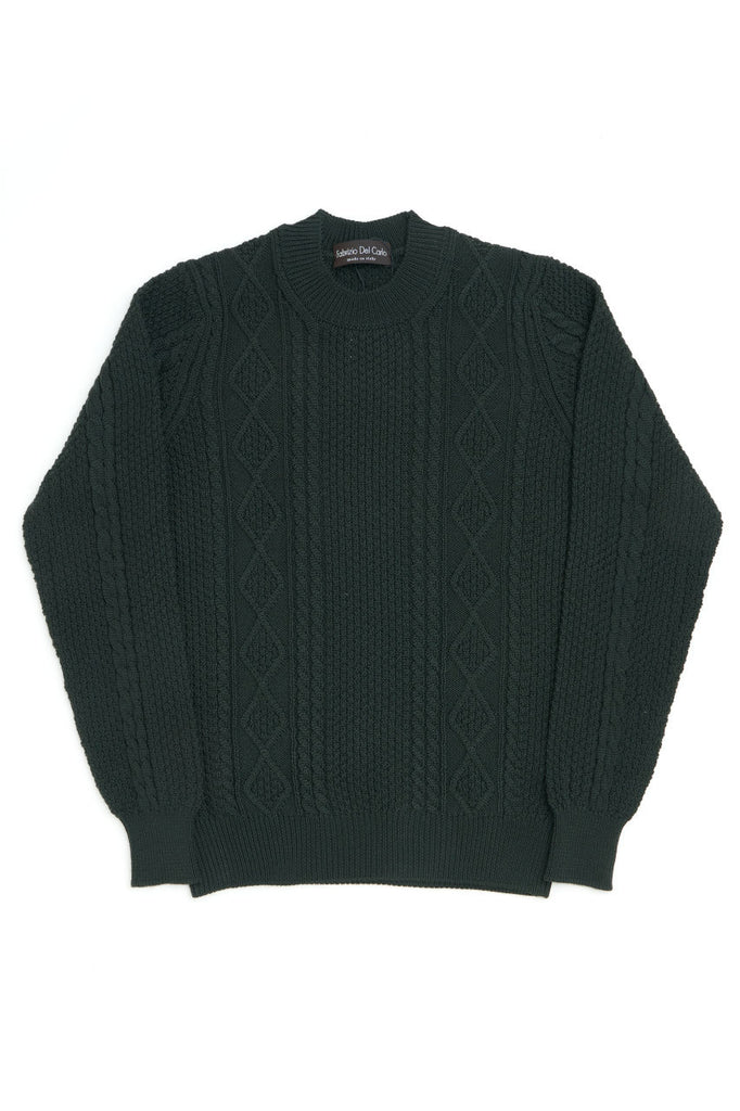 Fabrizio Del Carlo Crew Neck Merino Cable Knit Dark Green