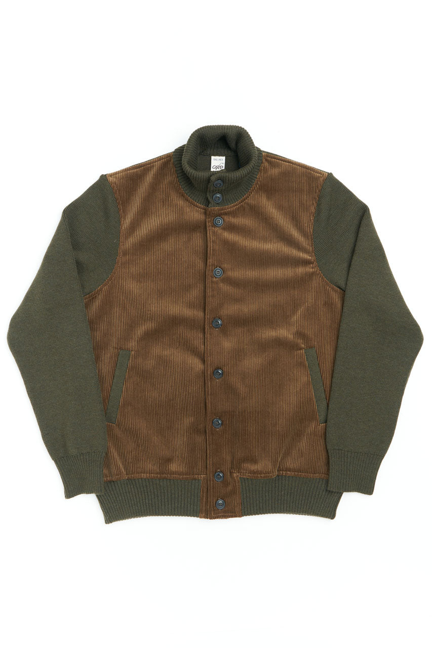 GRP KNITWEAR BUTTON JACKET CORDUROY/MERINO GREEN BROWN