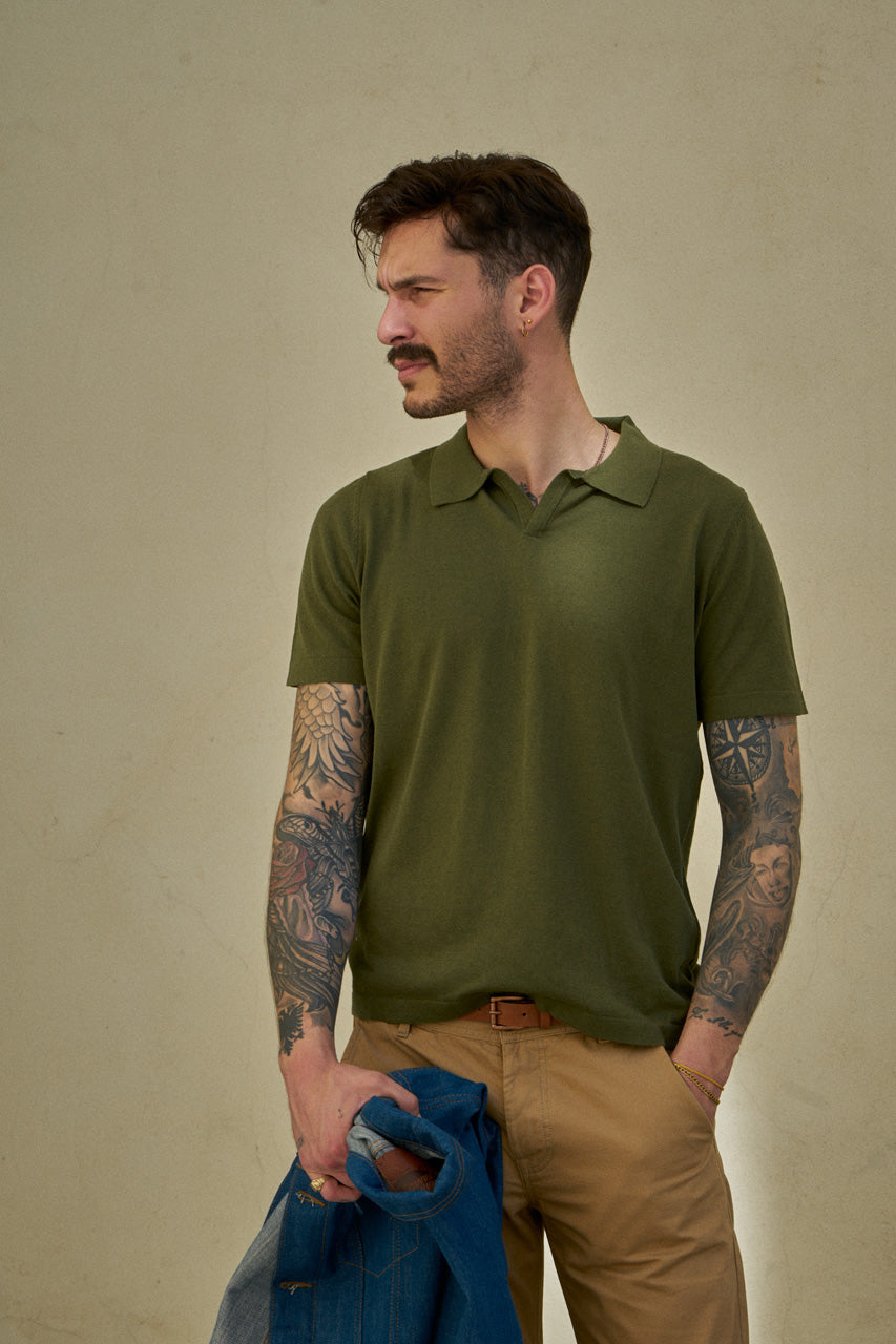 ★COOR★ Open Collar Cotton Polo Shirt (Green) Open Collar Polo Shirt - Buy online | John Henric