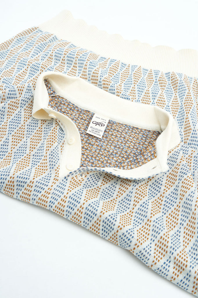 GRP Knitwear 3-Button-Polo Rombo Knit Ecru/Orange/Indigo