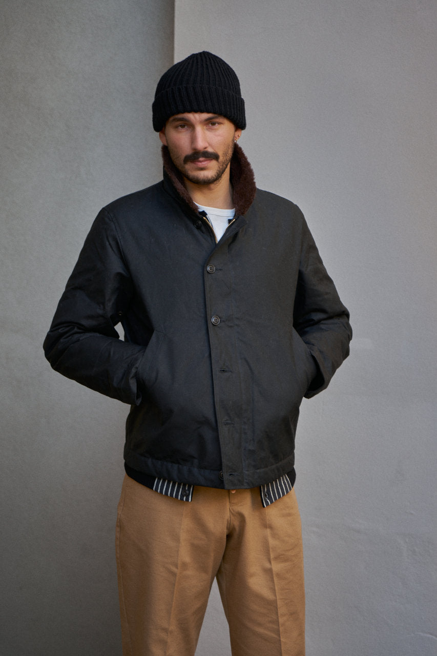 Manifattura Ceccarelli Waxed Deck Jacket Wool Teddy Fur Black SUNSETSTAR