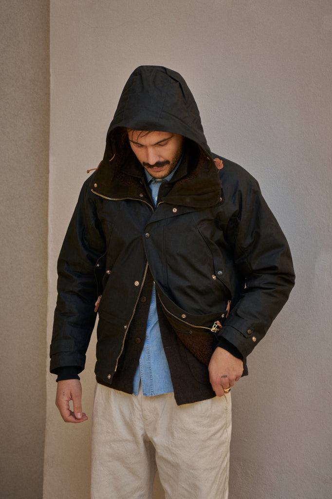 Manifattura Ceccarelli Waxed Mountain Jacket Wool Teddy Fur Black