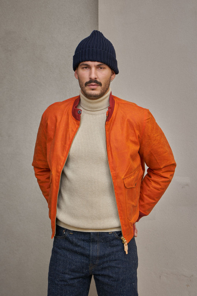 Manifattura Ceccarelli Waxed Bomber Jacket Wool Teddy Fur Orange