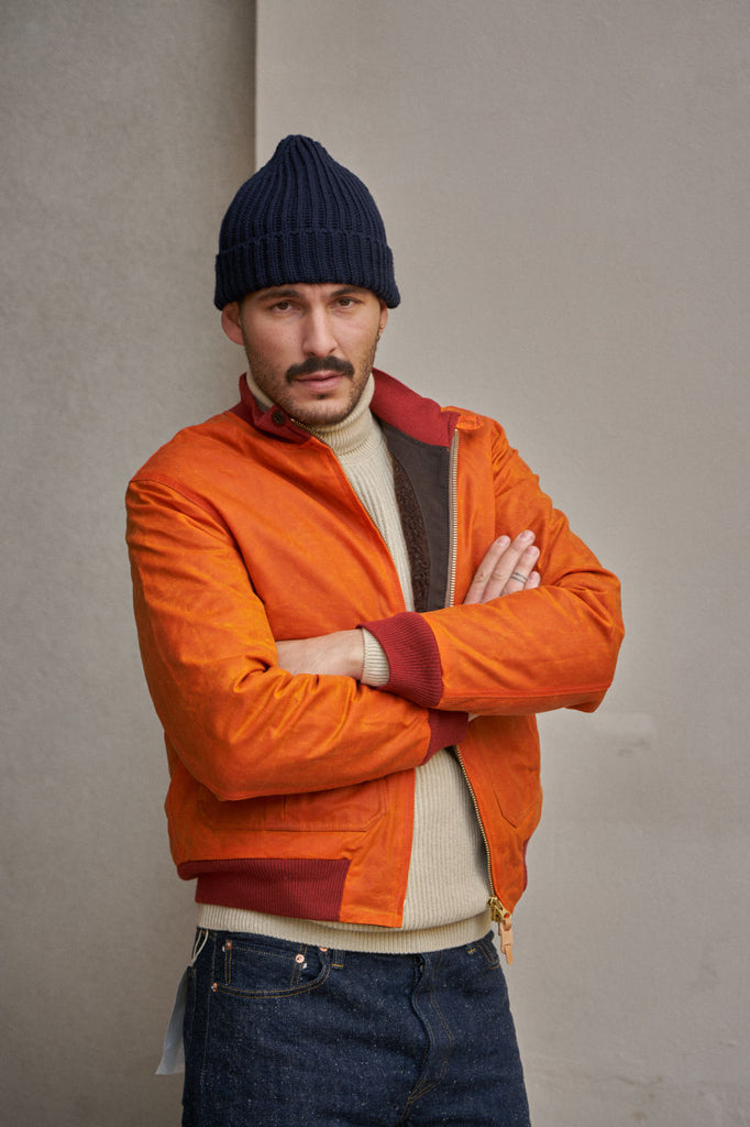 Manifattura Ceccarelli Waxed Bomber Jacket Wool Teddy Fur Orange