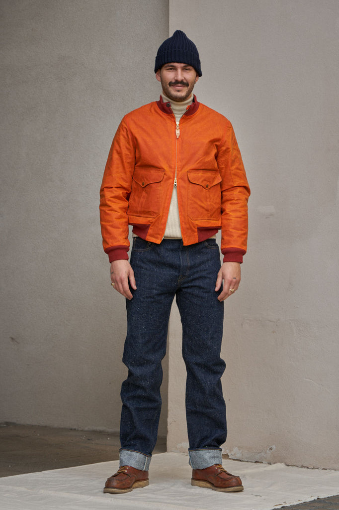 Manifattura Ceccarelli Waxed Bomber Jacket Wool Teddy Fur Orange