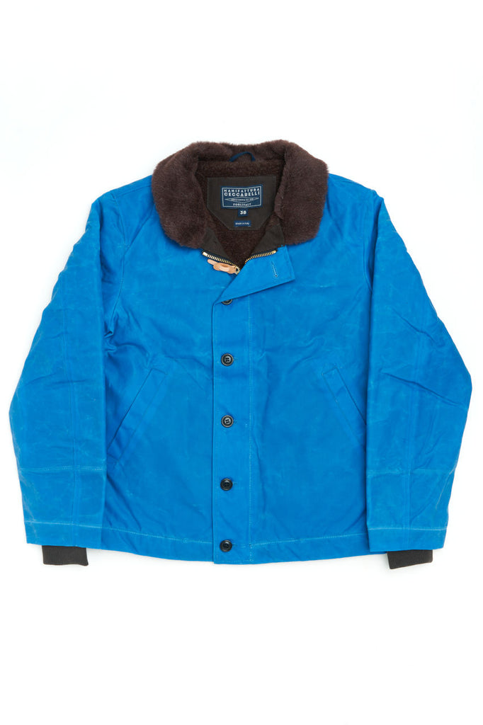 Manifattura Ceccarelli Waxed Deck Jacket Wool Teddy Fur Mid Blue
