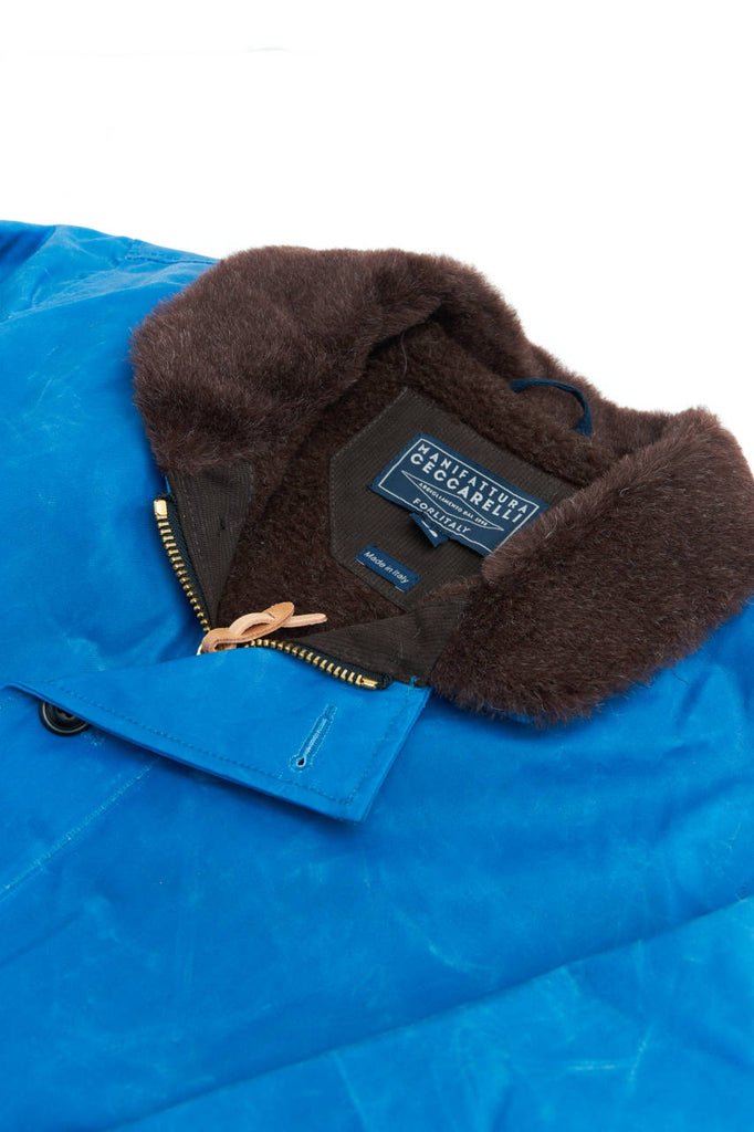 Manifattura Ceccarelli Waxed Deck Jacket Wool Teddy Fur Mid Blue