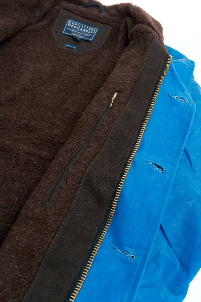 Manifattura Ceccarelli Waxed Deck Jacket Wool Teddy Fur Mid Blue