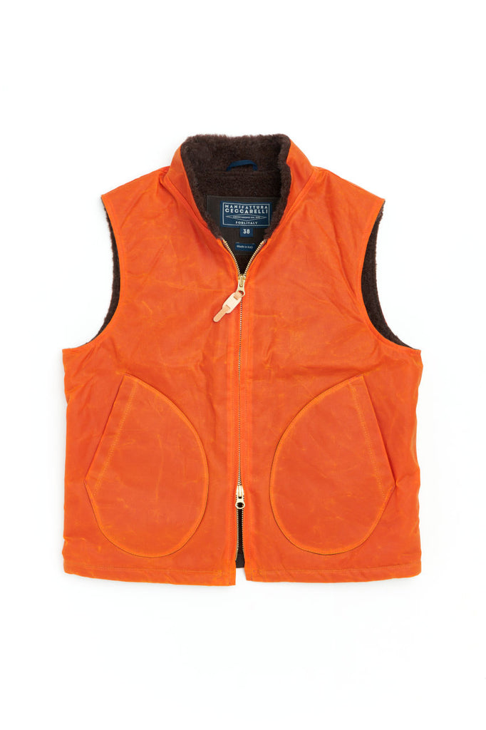 Manifattura Ceccarelli Waxed Mountain Vest Wool Teddy Fur Orange