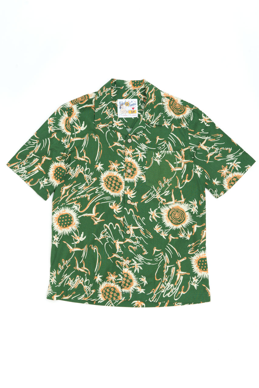Naked & Famous Denim Aloha Shirt Waikiki Waves Green