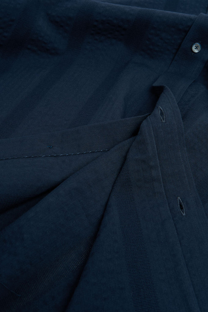 Salvatore Piccolo Band Collar Shirt Seersucker Stripes Navy