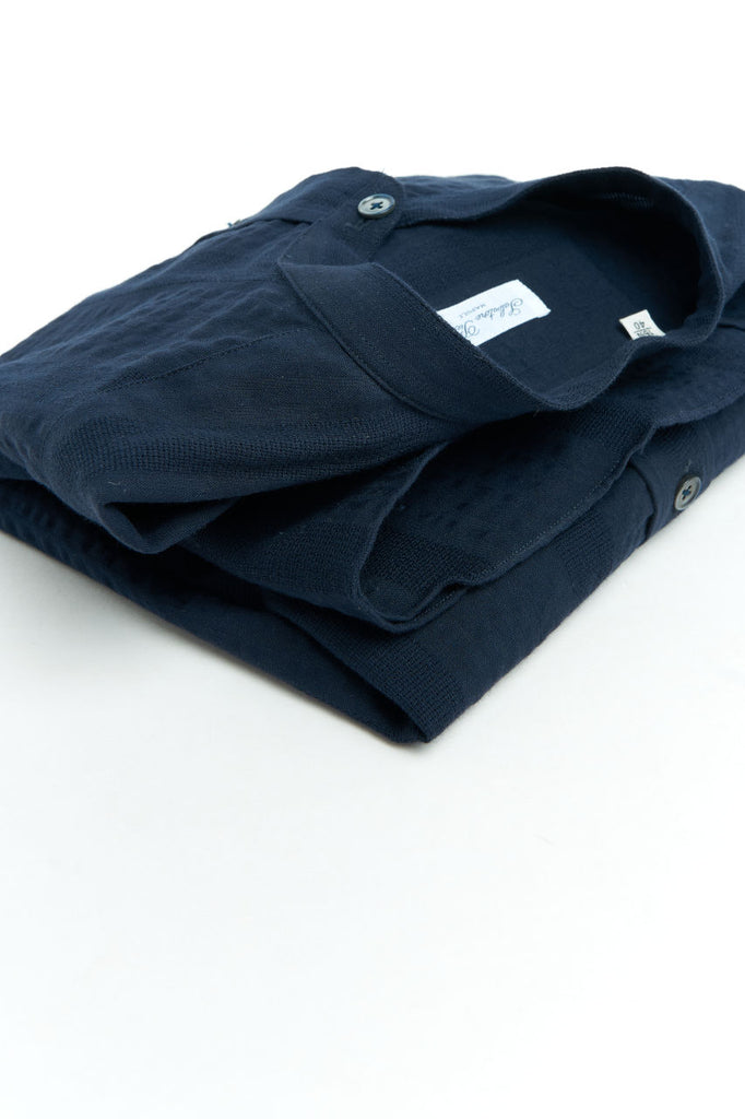 Salvatore Piccolo Band Collar Shirt Seersucker Stripes Navy