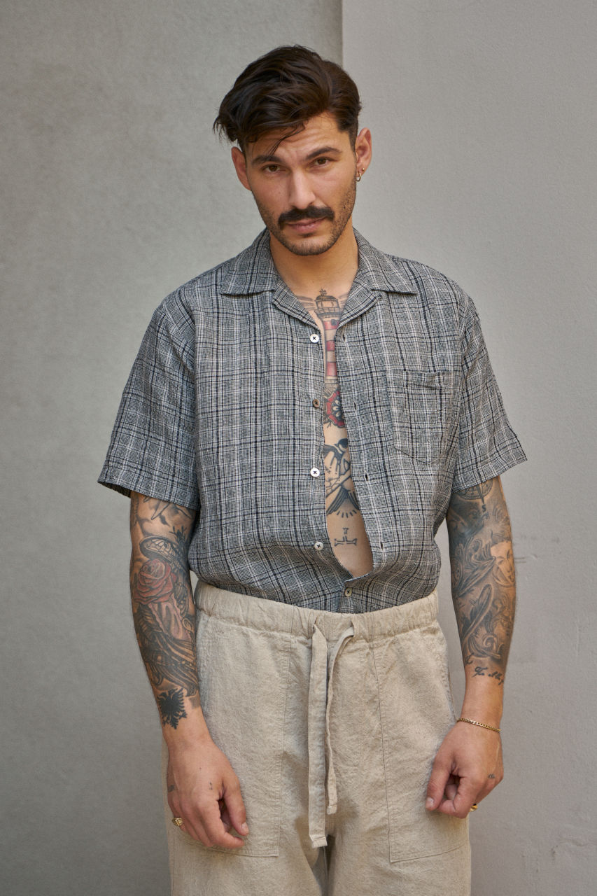 Seuvas Open Collar Shirt Linen Check Grey | SUNSETSTAR