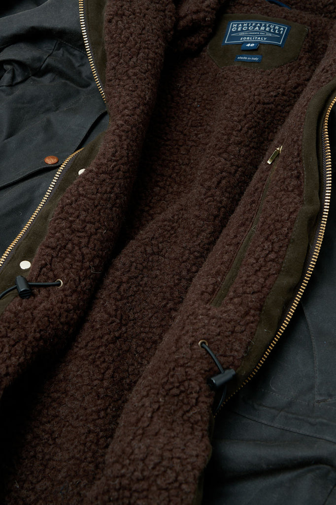 Manifattura Ceccarelli Waxed Long Mountain Jacket Wool Teddy Fur Chocolate
